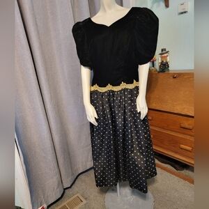 Vtg 80s Fairygoth Expo Night Black Velvet Gold Polka Dot Taffeta Festival Sz 14